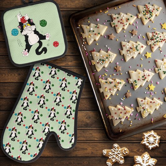 Tuxedo Zwart Wit Kerstmis Kat Ovenwant & Pannenlap Set