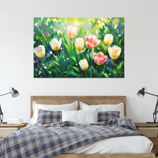 *~* TV2 Rode Witte Tulpen Uitgerekte Canvas Print (Insitu (Slaapkamer))