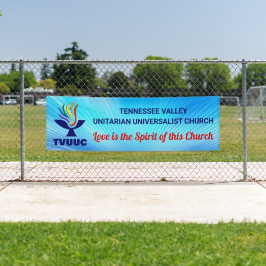 TVUUC Chalice Logo, Blauwe achtergrond Spandoek (Insitu)