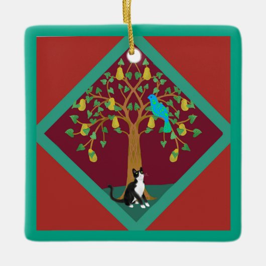 Twaalf dagen van Kerstmis met Kat 1e Dag Keramisch Ornament (Voorkant)