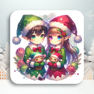 Twee anime elfen Schattige kerstfeest Vierkante Sticker