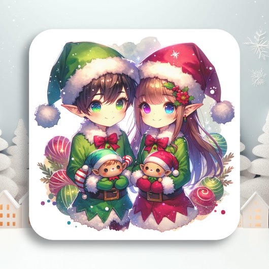 Twee anime elfen | Schattige kerstfeest Vierkante Sticker