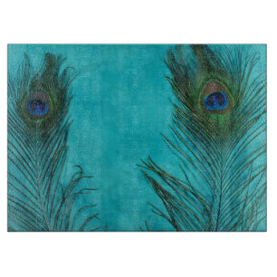 Twee Aqua Peacock Feathers Snijplank