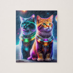 Twee Astronaut Katten Neon Lichten Kleurrijke Katt Legpuzzel