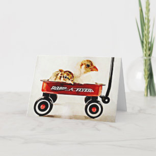Twee Baby Chicks in Red Wagon Kaart