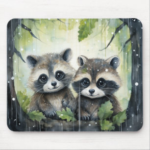 Twee baby wasberen in de regen muismat