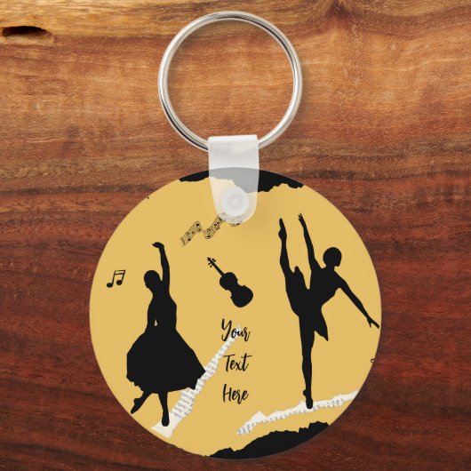 Twee balletdansers en muziek op gouden beige kleur sleutelhanger (Voorkant)