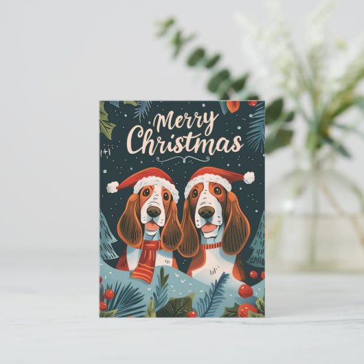 Twee Basset Hound Vrolijk Kerstfeest Briefkaart (Staand voorkant)