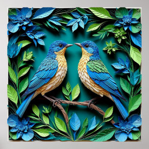Twee Blauwe en Gele Vogels Poster