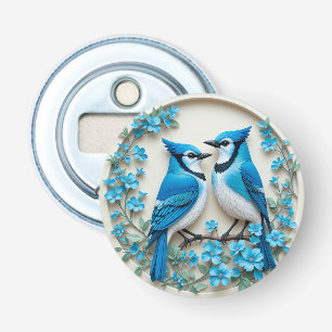Twee Blauwe Gaaien Rustend op een Tak Button Flesopener