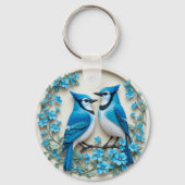 Twee Blauwe Jays Rust op een Branch Sleutelhanger (Achterkant)