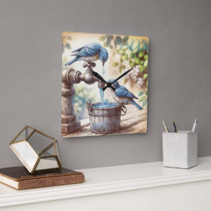 Twee Blauwe Vogels Met Kraan en Oude Emmer Vierkante Klok