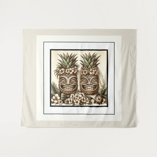 Twee bruidegoms Gay Ananas Tiki hoofd Retro Trouwe Wandkleed (Voorkant (horizontaal))