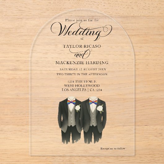 Twee bruidegoms in Rainbow Stropdassen Gay Wedding Acryl Uitnodigingen (Voorkant)