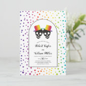 Twee bruidegoms met petten regenboog confetti homo kaart (Staand voorkant)