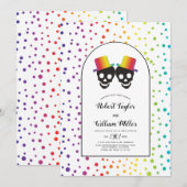 Twee bruidegoms met petten regenboog confetti homo kaart (Voorkant / Achterkant)