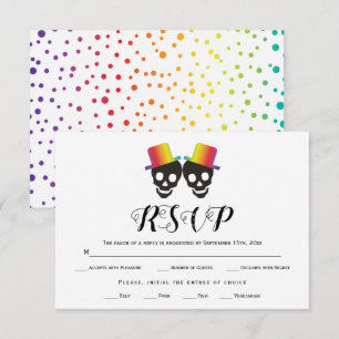 Twee bruidegoms regenboogkleuren confetti gay trou RSVP kaartje