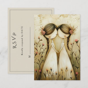 Twee bruiden handgetekende potloodillustratie RSVP kaartje