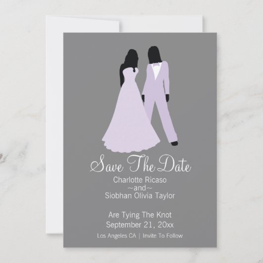 Twee bruidjes bewaren de datumbruiloft (Lila en gr Aankondiging (Voorkant)