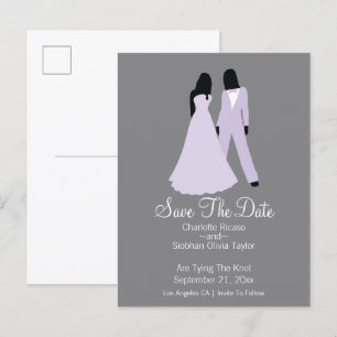 Twee bruidjes bewaren de datumbruiloft (Lila en gr Aankondigingskaart