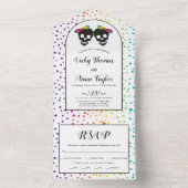 Twee bruidjes confetti regenboogkleuren lesbische  all in one uitnodiging (Binnen)