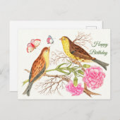 Twee bruine en gele vogels op takken, Verjaardag Briefkaart (Voorkant / Achterkant)