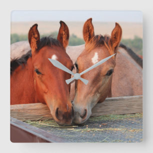 Twee bruine paarden op boerderij foto wandklok vierkante klok