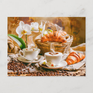 Twee cappuccino’s met croissants en orchideeën feestdagenkaart