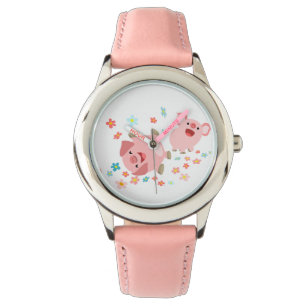 Twee Cartoon varkens in lente Horloge