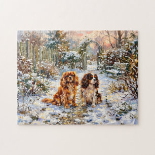 Twee Cavalier Spaniels op winterpad Legpuzzel