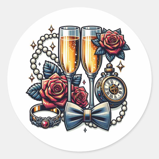 Twee champagneglazen, trouwen ronde sticker (Voorkant)