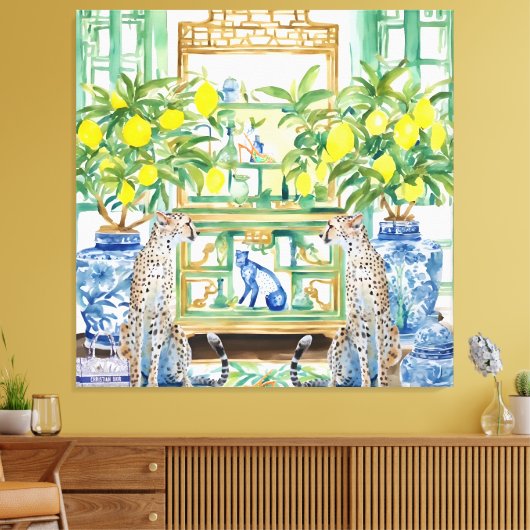 Twee cheeta's in chinoiserie interieur met gember canvas afdruk (Insitu (Woonkamer))