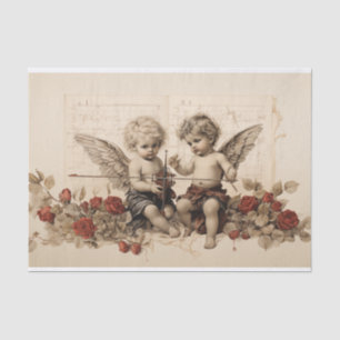 Twee Cherubs die tussen Rozen zitten Tissuepapier