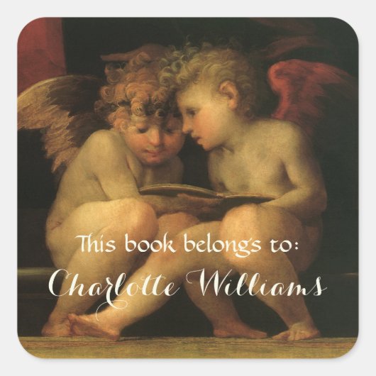 Twee Cherubs Lezen van Rosso Fiorentino Bookplate Vierkante Sticker (Voorkant)
