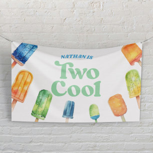 Twee Cool Blauwe Retro Popsicle 2de Verjaardagsfee Spandoek