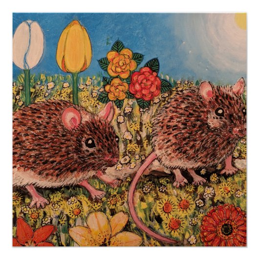 Twee cute muizen en bloemen Glanzende Poster Perfect Poster (Voorkant)