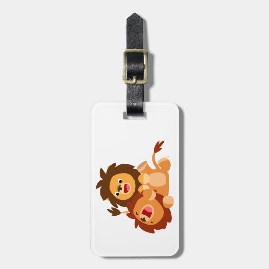 Twee Cute Playful Cartoon Lions Bagagelabel (Voorkant verticaal)