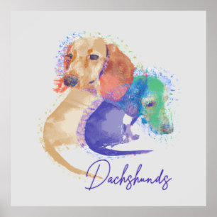 Twee Dachshund Dogs Waterverf Schattig Kleurrijk Poster