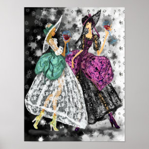 Twee dames in zwarte en witte moderne kantjurken poster