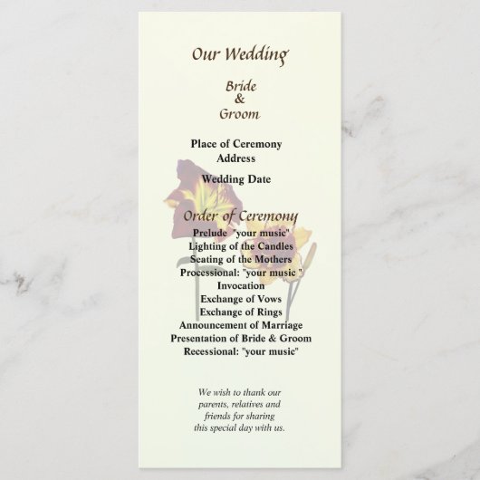 Twee Daylilies met een Chat Wedding Programme Programma (Voorkant)