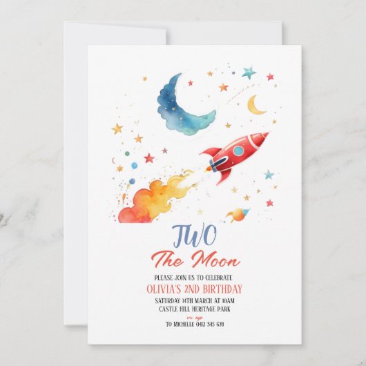 Twee de Maan 2e Verjaardag Uitnodiging Rocket & St (Voorkant)