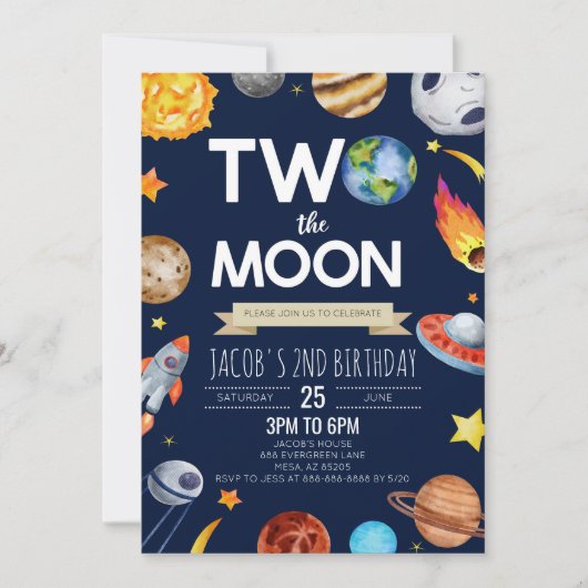 Twee De Maan Buitenruimte Blauw 2e Verjaardagsfees Kaart (Voorkant)
