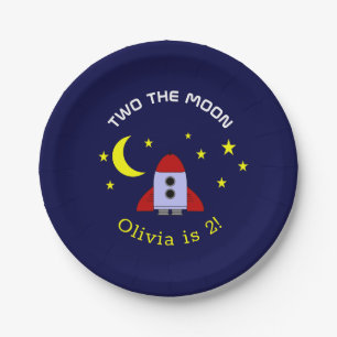 Twee De Maan Ruimteraket Schip 2e Verjaardag Papieren Bordje