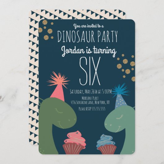 Twee Dinosaur Birthday Cupcakes Glittler Confetti Kaart (Voorkant / Achterkant)