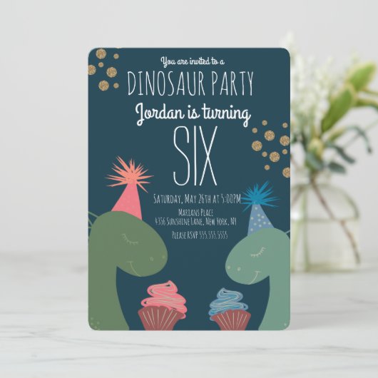 Twee Dinosaur Birthday Cupcakes Glittler Confetti Kaart (Staand voorkant)