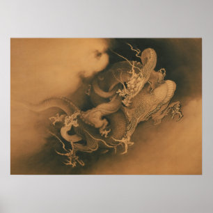 Twee Dragons in de wolken  Japans Poster