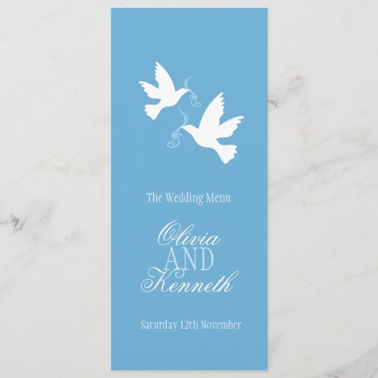 Twee duiven blauw en wittebruiloft diner menu (Voorkant)