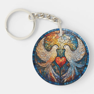 Twee Duiven Elegant Glas-in-Lood-Kunstwerk Sleutelhanger