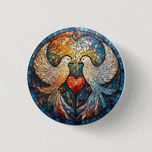 Twee Duiven Elegante Glas-in-Lood Kunstwerk Ronde Button 3,2 Cm