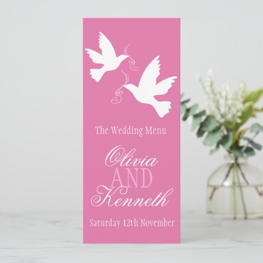 Twee duiven roze & wit bruiloft diner menu (Staand voorkant)
